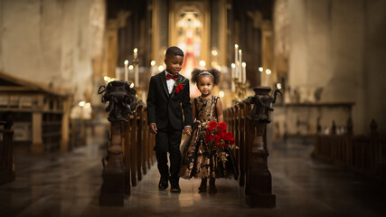 Süße kleine Brautjungfern als Geschister Paar mit schicker Abendkleidung in der Kirche zur Hochzeit, ai generatv 