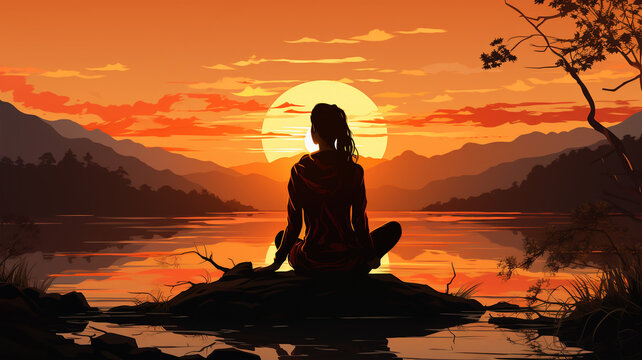 Silhouette of a woman practicing yoga on a beautiful sunset, healthy living, breathing and meditation