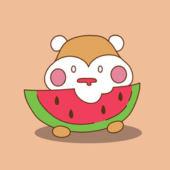 cute chubby hungry hamster eating watermelon cartoon illustration vector art