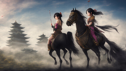 A japanese girl wearing kimono riding on a warhorse. Generative AI