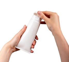 Hands holding cream tube mock-up, blank beauty product, moisturizer mockup isolate on white, opening lid, cap
