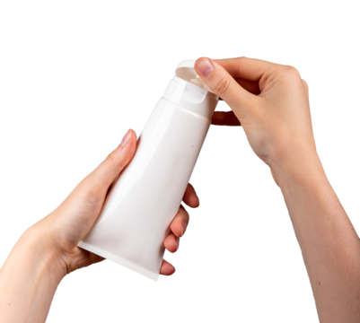 Hands holding cream tube mock-up, blank beauty product, moisturizer mockup isolate on white, opening lid, cap