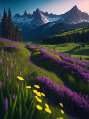 Spring flowers meadow landscape. AI generated illustration