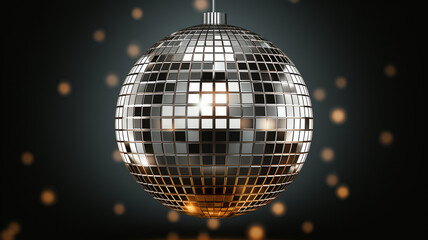 Obraz premium silberne Spiegel Discokugel mit Lichtern und Lichteffekten. Querformat. Generative Ai.