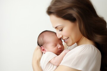 Young mother lovingly cradles her newborn baby in her arms