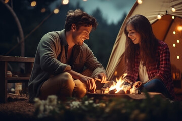 a man and a woman are sitting near a campfire and a tent in nature. having fun. smiling. travel concept. generative ai.