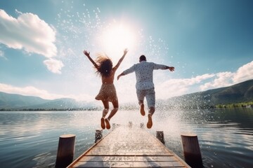 Fototapeta premium a girl and a man jump from the pier into the water. fun. travel concept. generative ai.