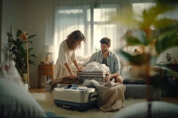 a girl and a man pack suitcases for a trip in the morning light. fun. travel concept. generative ai.