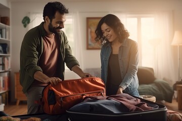 a girl and a man pack suitcases for a trip in the morning light. fun. travel concept. generative ai.