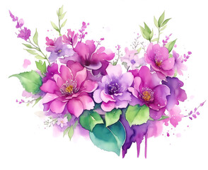 Watercolor flowers background, abstract flowers made from watercolor paint splashes, wet on wet and splattering style.