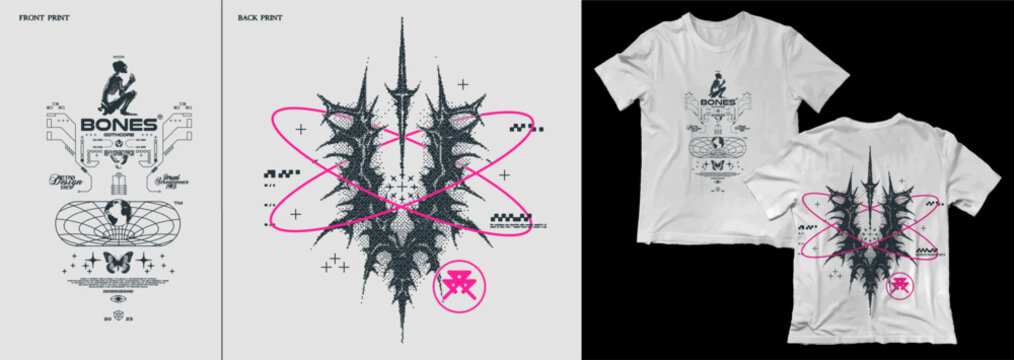 Modern print in gothic style. Gothcore, 3D abstract symmetrical spikes with bones. For t-shirt, hoodie and sweatshirt