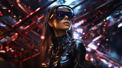 Fototapeta premium Fashion Frau Gesicht mit 3d Brille Virtuell VR Brille für Meta World Nahaufnahme, ai generativ