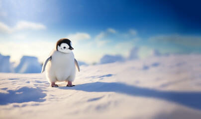 Obraz premium Super cute penguin on winter landscape, snowy winter wonderland, Emperor Penguin with copy space