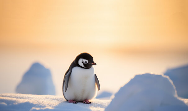 Super cute penguin on winter landscape, snowy winter wonderland, Emperor Penguin with copy space