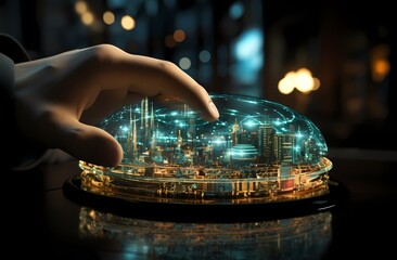 An image of a man's hand pressing a smartphone against a button with several icons, in the style of intertwined networks, projection mapping, money themed, futuristic sci - fi