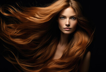 Obraz premium Young woman with long hair being blown by the wind on a black background. Generative AI.