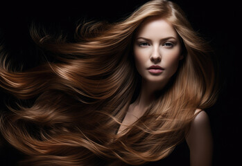 Obraz premium Young woman with long hair being blown by the wind on a black background. Generative AI.