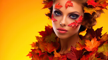 Fototapeta premium Woman Portrait with autum leaves outfits in natural vivid autumn colors. ai generative