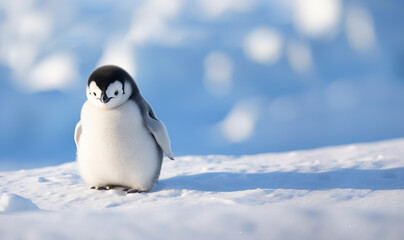 Super cute penguin on winter landscape, snowy winter wonderland, Emperor Penguin with copy space - obrazy, fototapety, plakaty