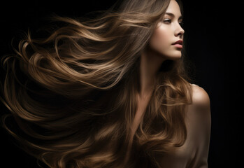 Obraz premium Young woman with long hair being blown by the wind on a black background. Generative AI.