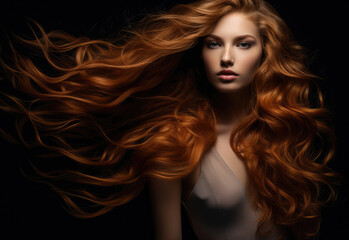 Fototapeta premium Young woman with long hair being blown by the wind on a black background. Generative AI.