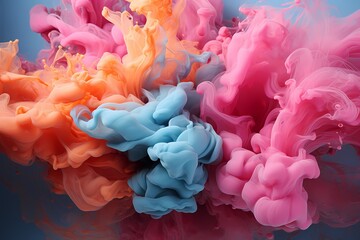 Puffs of pink smoke in front of a blue background stock photo, in the style of bold color blobs, resin, juxtaposed imagery, realistic hyper - detail - obrazy, fototapety, plakaty