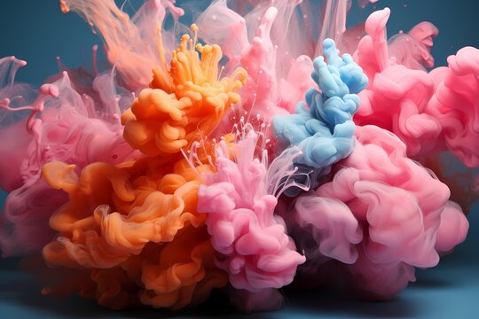 Puffs of pink smoke in front of a blue background stock photo, in the style of bold color blobs, resin, juxtaposed imagery, realistic hyper - detail