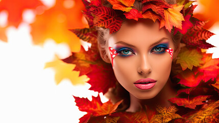 Obraz na płótnie Canvas Woman Portrait with autum leaves outfits in natural vivid autumn colors. ai generative