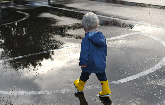 A small child boy going through puddles on a rainy day.