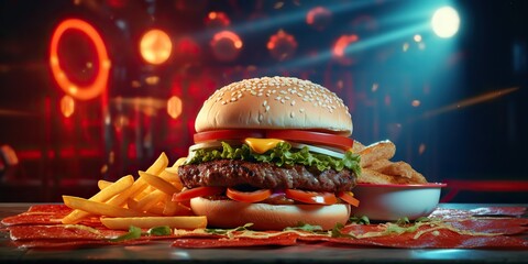 AI Generated. AI Generative. Fast food hamburger burger cheeseburger sandwich fresh fastfood menu restaurant decoration background.  Graphic Art - obrazy, fototapety, plakaty
