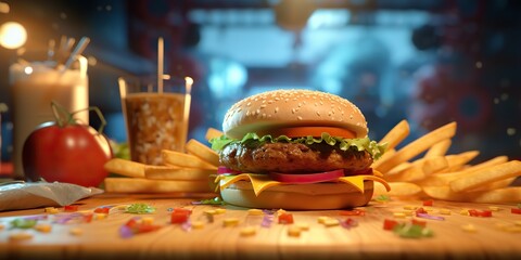 AI Generated. AI Generative. Fast food hamburger burger cheeseburger sandwich fresh fastfood menu restaurant decoration background.  Graphic Art