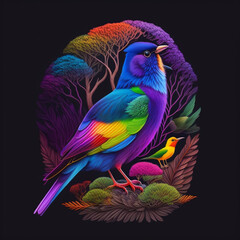 Obraz premium 3D Beautiful colorful birds and flowers on pale black paper concept art illustrations.
