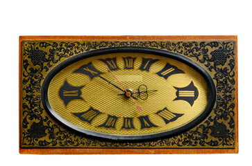 Old, retro, mechanical table clock white background.