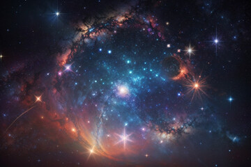 Obraz na płótnie Canvas Colorful space galaxy cloud nebula. Stary night cosmos. Universe science astronomy. Supernova background wallpaper. Generative Al