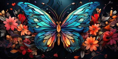 AI Generated. AI Generative. Beautiful nature wild cute butterfly witn plant flowers decoration. Background art graphic beauty. Graphic Art - obrazy, fototapety, plakaty