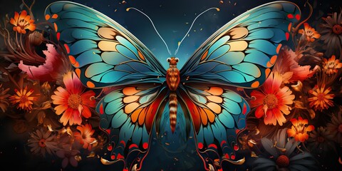 AI Generated. AI Generative. Beautiful nature wild cute butterfly witn plant flowers decoration. Background art graphic beauty. Graphic Art