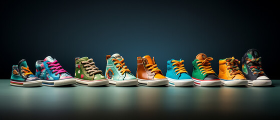 Various colorful kid shoes banner