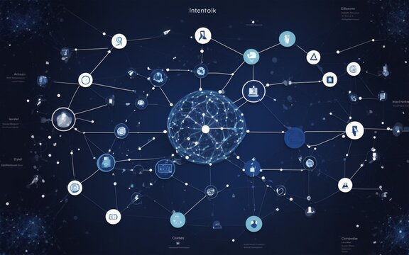 a network of social icons on a dark blue background, a digital rendering , digital art, immersed within a network, interconnected, digital nodes, generated ai