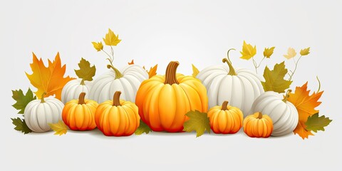  White and Yellow Pumpkins, Orange Leaves on Transparent Background - Inviting the Spirit of Autumn - Realistic and Eye-Catching Design - Generative AI Digital Illustration