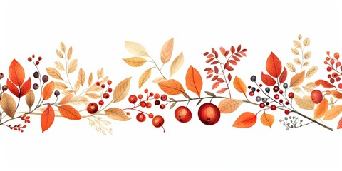  Cute Horizontal Banner with Autumn Leaves and Berries - Embracing the Playful Spirit of the Season   Generative AI Digital Illustration