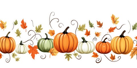 Naklejka na ściany i meble Vector Horizontal Seamless Background with Pumpkins and Autumn Leaves - Embracing the Playfulness of the Season - Charming and Versatile Design Generative AI Digital Illustration
