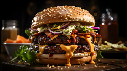 Close-up home made beef burger on wooden table for food advertising and background