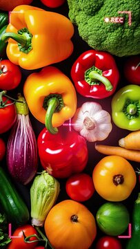 Vertical video healthy foods of fresh fruit and vegetables