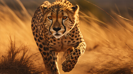 Fototapeta na wymiar Cheetah stalking fro prey on savanna