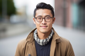Portrait of a handsome asian man with eyeglasses outdoors