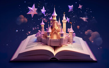 Open book with a fantasy castle popping out and copy space. World book day. - obrazy, fototapety, plakaty