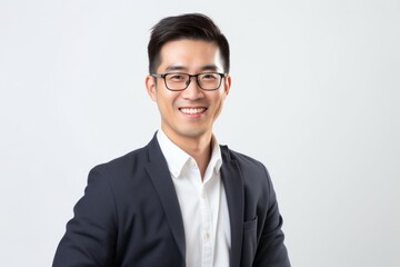 Portrait of a smiling young asian businessman in suit and glasses