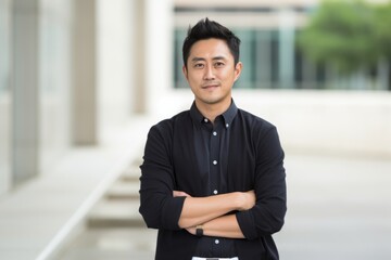Portrait of a young Asian businessman standing outside with arms crossed.