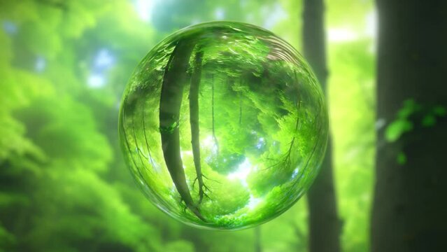 3D animation - Glass sphere in a green forest nature rotating in a seamless loop