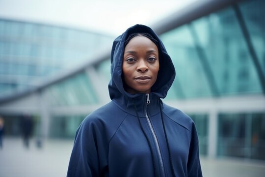 Medium Shot Portrait Photography Of A Tender Nigerian Black Woman In Her 40s Wearing A Stylish Hoodie Against A Modern Architectural Background 